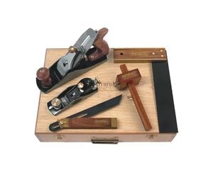 Faithfull 5 Piece Carpenters Tool Set in Hinged Wooden Case - No.4 Smoothing Plane, Block Plane, Try Square, Sliding Bevel & Marking Gauge for Measuring, Marking, Trimming & Finishing Woodwork