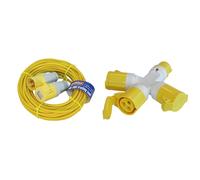 Faithfull FPPTL14ML 14 Metre L/V Trailing Lead Extension Lead 110V 16A 1.5mm Cable & FPPSOCK3WAY 3 Way Splitter 110V 16A, Yellow