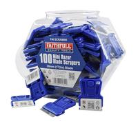 Faithfull Mini Scrapers - Pack of 100 Razor Blade ABS Scrapers with Carbon Steel Blade in Reuseable Plastic Jar for Paint, Adhesive & Residue Removal from Glass, Hobs, Tiles & Mirrors