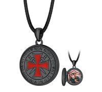 FaithHeart Black Photo Lokets for Men, Vintage Style Knights Templar Cross Pendant Black Wax Rope Leather Necklaces, Birthday Gifts