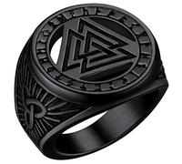 FaithHeart Black Signet Ring for Men Boys, Nordic Jewellery Viking Valknut Talisman Rings Stainless Steel Runes Ring for Husband Size Q