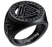 FaithHeart Black Signet Ring for Men Personalised Nordic Jewellery Viking Valknut Talisman Rings Stainless Steel Runes Ring for Husband Size Q