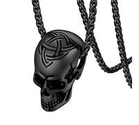FaithHeart Black Skull Head Necklace, Men's Gothic Skull Pendant Celtic Knot Jewellery Solid Stainless Steel Skeleton Neck Chain Adjustable 55cm+5cm