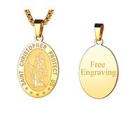 FaithHeart Can Engrave St Christopher Pendant Necklace, Personalised Gold Plated Oval Shaped Patron Saint of Drivers Medallion Jewelry Stainless Steel, Christ-Bearer First Communion Gifts