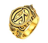 FaithHeart Egyptian Eye of Horus Ring For Husband Stainless Steel Size S Finger Bands Gold Plated Ancient Pinky Bands Exorcism Jewellery for Christmas Thanksgiving Gift