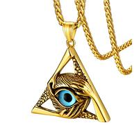 FaithHeart Egyptian Jewellery Gold Plated Evil Eye Protection Hands Triangle Pendant Necklace Stainless Steel Talisman Necklaces 22"+2" inches