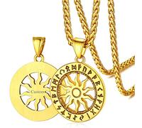 FaithHeart Engravable Nordic Sun Necklace Viking Jewellery for Women Personalised Gold Plated Norse Mythology Pendant Stainless Steel Runes Charm for Luck Ladies Gift for Anniversary