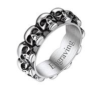 FaithHeart Engraved Men Rings Skull Jewellery Silver Plated Gothic Ring Stainless Steel Skull Band Rings Size T 1/2 Boys Ring for Kids Can Custom