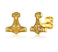 FaithHeart Gold Hammer Studs Stainless Steel Earrings Womens Antique Nordic Mjolnir Ear Charm Viking Raven Stud Earring for Ladies