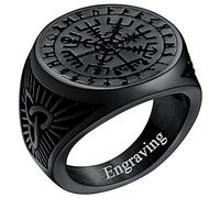FaithHeart Gothic Black Rings for Males Retro Vegvisir Vikings Ring with Runes Stainless Steel Punk Biker Rings Norse Jewelry Size Z+1 Engraving Custom