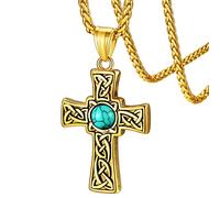 FaithHeart Irish Celtics Cross Pendant Necklace Celtic Style Religious Cross Simulated Turquoise Accessories Gold Steel Talisman Chain Spiritual Gifts for Mom Wife