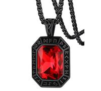 FaithHeart Large Ruby Necklace, Viking Runes Jewellery Black Octagon Tag with Gemstone, Norse Neck Chain Stainless Steel
