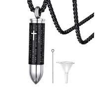 FaithHeart Lord Prayer Cross Bullet Necklace for Men Black Ash Urn Holder Cremation Pendant Keepsake Jewellery Urn Necklaces for Ashes Stainless Steel Chain 55cm+5cm