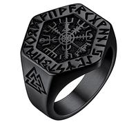 FaithHeart Mans Ring Viking Compass Vegvisir Rings Black Plated Signet Rings for Men Stainless Steel Punk Ring Size Q