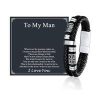 FaithHeart Mens Bracelets Gift To Dad Son Husband Celtic Viking Beads Leather Bracelet Black Wristband 23CM