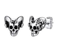 FaithHeart Mens Earrings Silver Punk Skull Studs Earring Devil Jewelry Stainless Steel Satan Goat Ear Charm Nickle Free
