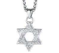 FaithHeart Men's Hexagram Necklace Vintage Patterned Star of David Jewellery Stainless Steel Magen David Charm Sturdy Chain 55cm+5cm