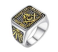 FaithHeart Men's Masonic Rings Two Tone Finger Bands Stainless Steel Size O Fashion Freemasonry Jewellery