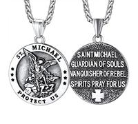 FaithHeart Men's St.Michael Necklace, Stainless Steel Archangel Saint Michael Coin Pendant Protective Jewellery, Christian Gifts for Fathers Day Birthday