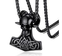FaithHeart Men's Viking Necklace Black Skull Pendant Norse Mjolnir Jewelry Stainless Steel Nordic Symbol Protection Amulet Chain 55cm+5cm