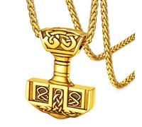 FaithHeart Nordic Viking Jewelry Womens Gold Mjolnir Necklace Vintage Norse Thors Hammer Pendant Talisman of Protection Accessories Stainless Steel Chain 55cm+5cm