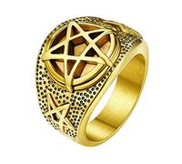 FaithHeart Pagan Jewellery for Female Gold Steel Pentagram Witch Ring Charm Magic Power Rings for Mom Size V 1/2