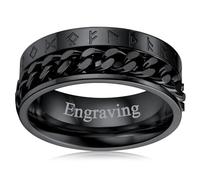 FaithHeart Personalised Black Viking Runes Rings Rotatable Stainless Steel Fidget Ring for Men Nordic Spinner Rings Size Q