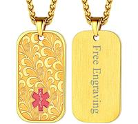 FaithHeart Personalised Medical Alert Necklace for Ladies Stainless Steel Emergency Identification Pendant Keepsafe Jewellery Gold Plated Dog Tag Necklace for Health