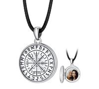 FaithHeart Personalised Viking Compass Necklaces, 925 Sterling Silver Runic Vegvisir Locket Jewellery, Photo Engraved Necklaces for Men