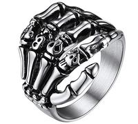 FaithHeart Skull Rings for Men Gothic Punk Stainless Steel Band Rings Biker Skeleton Thumb Ring Cocktail Party Jewelry with Gift Box, 5 UK, Stainless Steel, Cubic Zirconia