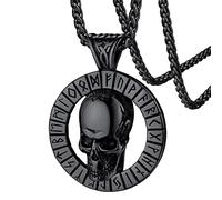 FaithHeart Stainless Steel Skull Head Necklaces for Boys Black Plated Skeleton Jewelry with Viking Runes Skull Necklace Men's Gifts for Birthday Fathers Day