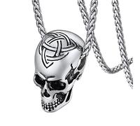 FaithHeart Stainless Steel Skull Necklace for Men Women, Gothic Style Punk Skull Head Celtic Knot Symbol Halloween Jewellery Goth Gifts for Couples Friends Partners