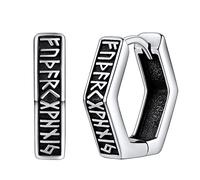FaithHeart Sterling Silver Viking Earrings Mens Nordic Runes Hexagon Hoops Tiny Small Silver Hoop Earring for Woman Man