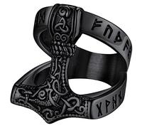 FaithHeart Viking Thor Hammer Ring Norse Mjolnir Jewelry Black Plated Nordic Rune Finger Rings for Men Size Y Mythology Gifts for Valentines Day Fathers Day