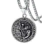 FaithHeart Women's St Christopher Necklace Stainless Steel, Antique Coin Medal Saint Christopher Pendant Jewellery, God Blessing Gifts for Children Parents Friend