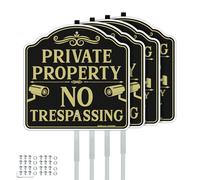 Faittoo No Trespassing Sign Private Property with 42" Stake, 4-Pack 12"x12" Rust Free Heavy Aluminum, Reflective, Fade Resistant, 2 pre-drilled holes, Includes Matching Screws & Wrench