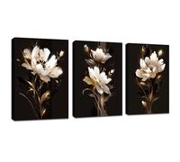 FajerminArt 3 Panels Modern Canvas Wall Art Black Gold Peony Flowers Pictures Painting on Canvas Prints for Living Room Bedroom Office Wall Decoration Ready To Hang Stretched On Frame 40x60cmx3Pcs