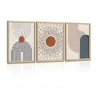 FajerminArt 3 Pcs Boho Beige Blue Geometric Lines Canvas Wall Art Framed Abstarct Sun Wall Painting Modern Lines Art Prints Poster Pictures Home Decor for Bedroom Living Room Office Study 40X60cmx3