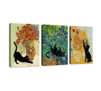 FajerminArt 3 Pcs Funny Black Cat Playing Sunflowers Canvas Wall Art for Bedroom Vintage Van Gogh Poppies and Black Cat Art Prints Painting Irises Animals Wall Picture Decor for Living Room 50X70cmX3