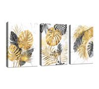 FajerminArt 3 Pcs Modern Canvas Wall Art Marble Tropical Grey Gold Palm Leaves Pictures Canvas Print Paintings for Living Room Bedroom Office Ready To Hang Stretched On Frame 30x40cmx3 Pcs