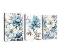 FajerminArt 3 Pcs Modern Floral Blossom Canvas Wall Art Grey and Blue Flowers Ink Pictures Canvas Print Paintings for Living Room Bedroom Office Ready To Hang Stretched On Frame 50x70cmx3 Pcs