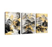 FajerminArt 3Pcs Black Gold Nature Landscape Canvas Wall Art, Framed Black Foggy Pine Trees Wall Paintings Grey Mountain Rivers Wall Pictures Poster Wall Decor for Bedroom Living Room Office 40x60cmx3