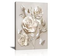 FajerminArt Cream White Rose Flowers Canvas Wall Art Prints, White Floral Framed Canvas Painting Artwork Blooming Flowers Butterfly Pictures Wall Decor for Bedroom Living Room Office 40X60cm