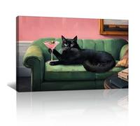 FajerminArt Funny Black Cat Martini Framed Canvas Wall Art, Eclectic Cocktail Canvas Art Print Paintings Ute Animal Artwork Picture Wall Decor for Bedroom Living Room Kitchen Pub 40X60cm