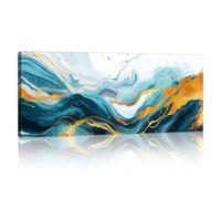 FajerminArt Large Framed Abstract Green Gold Wavy Canvas Wall Art, Modern Nordic Minimalist White Pictures Painting on Print Canvas Poster Decor for Living Room, Bedroom, Ready To Hang 50cmx120cm