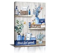 FajerminArt Rustic Blue Bathroom Canvs Wall Art, Vintage Country Please Seat Yourself Sign Pictures Wall Decor Green Eucalyptus Plants Flowers Wall Paintings for Decor Family Bathroom Artwork 30x40cm