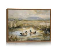 FajerminArt Vintage Mallard Duck Framed Canvas Wall Art, Rustic Spring Pond Reed Wall Painting Nature Countryside Lake Animal Canvas Printed Pictures Home Decor Artwork For Bedroom Living Room 30X40cm