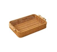 FAJNUZI2024 Fruit Stand Handmade Woven Rattan Storage Tray Square Wicker Basket Wooden Handle Bread Food Storage