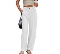 Fakanhui Women's Linen Dressy Work Casual Pants Summer Business Straight Wide Leg Cotton Linen Trouser Pants, White, L Lange