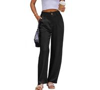 Fakanhui Women's Linen Dressy Work Casual Pants Summer Business Straight Wide Leg Cotton Linen Trouser Pants, Black, L Lange